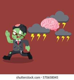 zombie businessman running from stressed brain