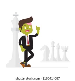 zombie businessman standing in front king chess piece