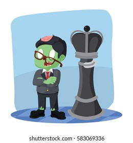 zombie businessman standing in front king chess piece