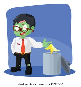 zombie businessman throw banana peel in trash can