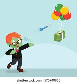 Zombie Businessman Throwing Darts To Flying Money