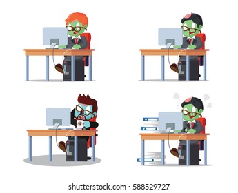 zombie businessman working infront computer cartoon set