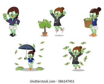 zombie businesswoman with money cartoon set