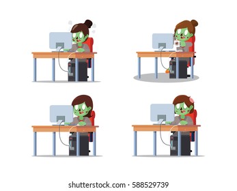 zombie businesswoman working infront computer cartoon set