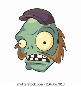 Zombie in a cap. Colored zombie head drawn in flat style and isolated on light background. Halloween print. Plants vs Zombies. Vector illustration