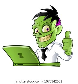 Zombie cartoon character with laptop