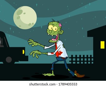 Zombie Cartoon Character Walking In Тhe Night. Vector Illustration With Background.