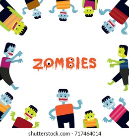 Zombie Cartoon Characters Frame, Stand Around with Text, Green and Blue Body Color