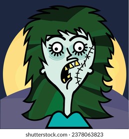 Zombie Cartoon - Female Zombie front view, night background with moon behind the shoulders | Halloween, Spooky |