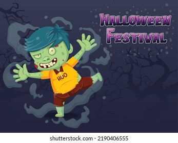 Zombie Cartoon Halloween Character With Halloween Festival Text Effects. Vector illustration. Vector Clip Art illustration