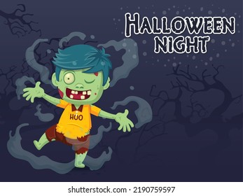 Zombie Cartoon Halloween Character With Halloween Night Text Effects. Vector illustration. Vector Clip Art illustration