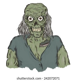 Zombie, cartoon Halloween illustration of dead man, isolated on white background