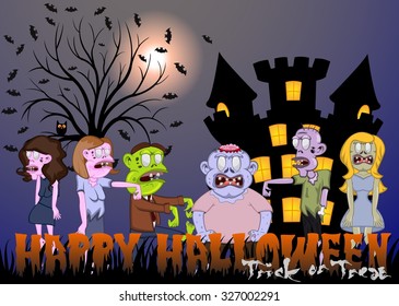 Zombie and Castle Vector Illustration for Happy Halloween