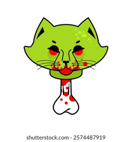 Zombie Cat Head. Dead Cat Head With Bone. Modern Fashion Illustration