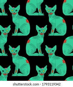 Zombie cat pattern seamless. Pet green monster background. vector texture