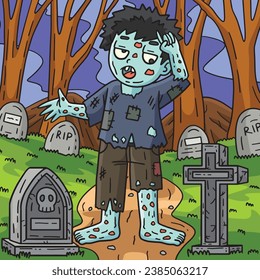Zombie in a Cemetery Colored Cartoon Illustration
