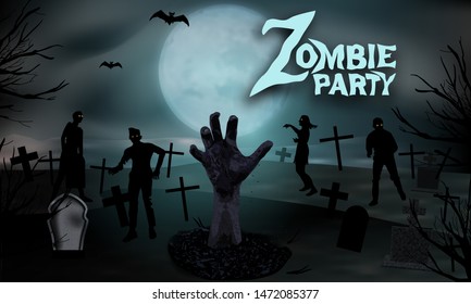 Zombie in the cemetery. Zombie hand rising out from the ground at the graveyard with tombstones and moon In spooky night. Halloween party invitation template background. Vector illustration.