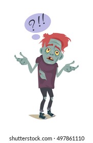 Zombie character isolated on white. Fictional being hesitating. Speech bubble with question and exclamation sign. Horror fantasy concept. Halloween science fiction man in flat style. Vector