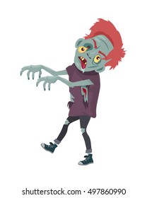 Zombie Character Walking with Stretched Hands isolated on white. Horror fantasy, Halloween concept. Undead creature in flat style. Science fiction cartoon illustration. Horror fantasy. Vector