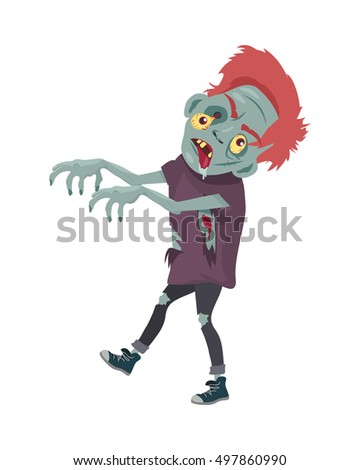 Zombie Character Walking with Stretched Hands isolated on white. Horror fantasy, Halloween concept. Undead creature in flat style. Science fiction cartoon illustration. Horror fantasy. Vector