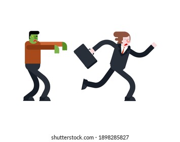 Zombie is chasing man. Zombi running after guy. Green walking dead haunts man. vector illustration