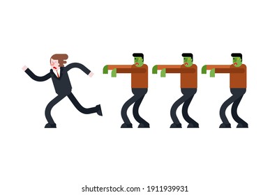 Zombie is chasing man. Zombi running after guy. Green walking dead haunts man. vector illustration