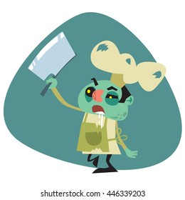 Zombie Chef in dirty Chef's hat and apron walking with big scary butcher's knife on green background. Vector based cartoon style.