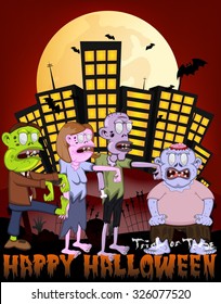 Zombie in the city with Happy Halloween Cartoon