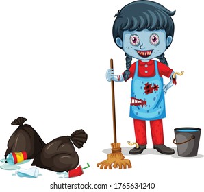 Zombie cleaner with broom and bucket cartoon vector art and illustration