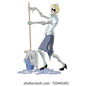 Zombie cleaning lady with a mop, cartoon image. Artistic freehand drawing.