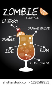 Zombie cocktail recipe vector with orange wedge and cherry.