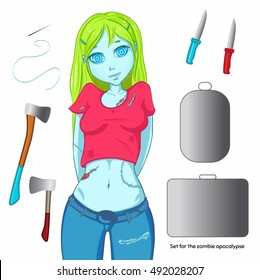 Zombie collection. Set for the apocalypse - ax, knife, medical kit, zombie case and over. Zombie girl with green hair. Happy halloween!
