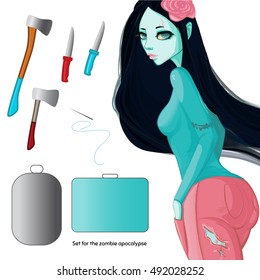 Zombie collection. Set for the zombie apocalypse - ax, knife, medical kit, zombie case and over. Girl with pink rose in black hair. Happy halloween!