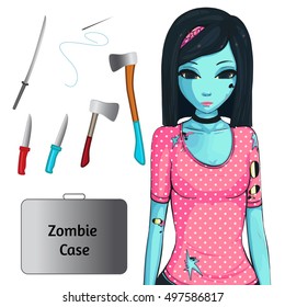 Zombie collection. Set for the apocalypse - ax, knife, medical kit, zombie case and over. Zombie girl with black hair.