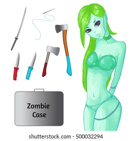 Zombie collection. Set for the apocalypse - ax, knife, medical kit, case and over. Zombie girl with green hair. Happy halloween!