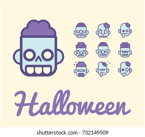 Zombie color line vector icon set. Cartoon style, halloween theme.