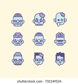 Zombie color line vector icon set. Cartoon style, halloween theme.