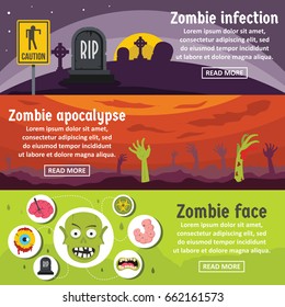 Zombie coming banner horizontal concept set. Flat illustration of 3 zombie coming vector banner horizontal concepts for web