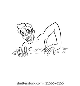 Zombie Coming Out of the Grave. Helloween card. Line art. Flyer for Helloween party.