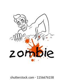 Zombie Coming Out of the Grave. Helloween card. Line art. Flyer for Helloween party.