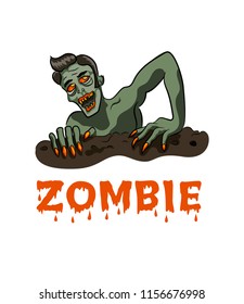 Zombie Coming Out of the Grave. Helloween card. Cartoon style.