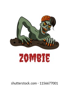 Zombie Coming Out of the Grave. Helloween card. Cartoon style.