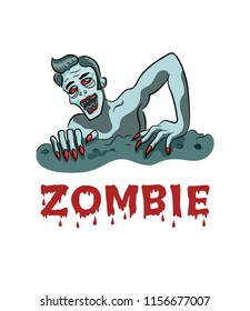 Zombie Coming Out of the Grave. Helloween card. Cartoon style.