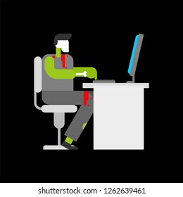 Zombie and computer working. Boy green dead and PC.
