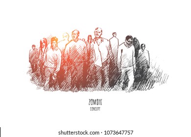 Zombie concept. Hand drawn zombie walking out. Group of monsters, horror mood isolated vector illustration.