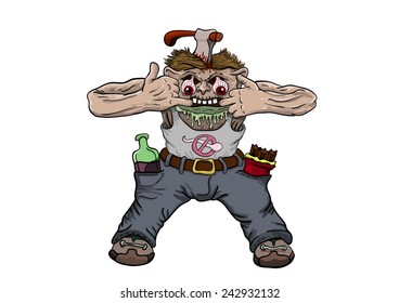 the zombie costs having thrust fingers into a mouth and a vgolova at it the axe sticks out 