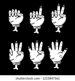 Zombie counting hand gesture set. Halloween counting hand sign from zero to five. Communication gestures concept. Vector illustration isolated on black background. 