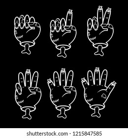 Zombie counting hand gesture set. Halloween counting hand sign from zero to five. Communication gestures concept. Vector illustration isolated on black background. 