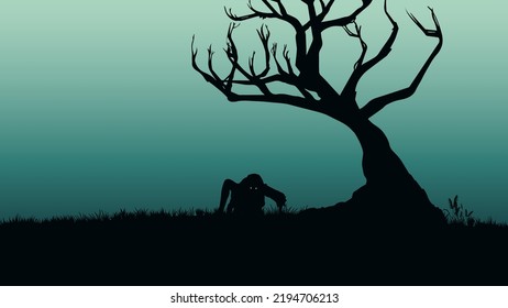 Zombie is crawling under tree, Halloween concept silhouette horror background illustration vector.