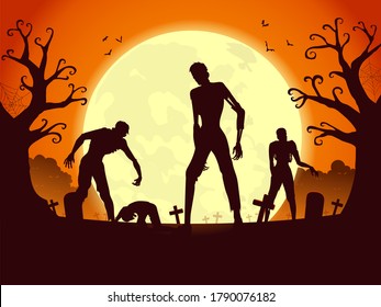 Zombie crowd resurrection and walking out from the grave in full moon night. Silhouettes illustration for Halloween theme.